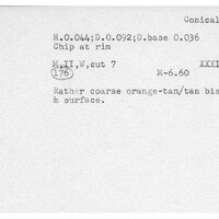 Index card with typed and handwritten information, sometimes including a sketch, of pottery from an excavation.