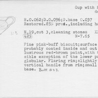 Index card with typed and handwritten information, sometimes including a sketch, of pottery from an excavation.