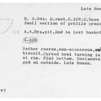 Index card with typed and handwritten information, sometimes including a sketch, of pottery from an excavation.