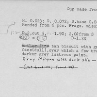 Index card with typed and handwritten information, sometimes including a sketch, of pottery from an excavation.