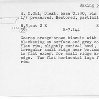 Index card with typed and handwritten information, sometimes including a sketch, of pottery from an excavation.