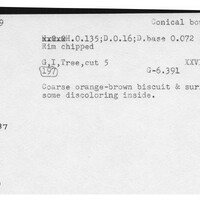 Index card with typed and handwritten information, sometimes including a sketch, of pottery from an excavation.