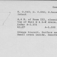 Index card with typed and handwritten information, sometimes including a sketch, of pottery from an excavation.