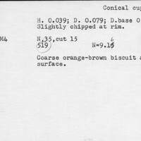 Index card with typed and handwritten information, sometimes including a sketch, of pottery from an excavation.