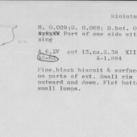 Index card with typed and handwritten information, sometimes including a sketch, of pottery from an excavation.