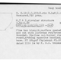 Index card with typed and handwritten information, sometimes including a sketch, of pottery from an excavation.