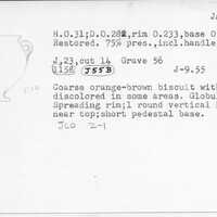 Index card with typed and handwritten information, sometimes including a sketch, of pottery from an excavation.
