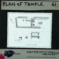 Black and white diagram of a temple plan with annotations, possibly from an educational setting or museum exhibit.