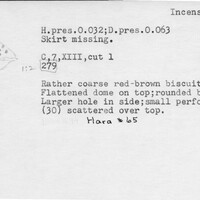 Index card with typed and handwritten information, sometimes including a sketch, of pottery from an excavation.