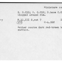 Index card with typed and handwritten information, sometimes including a sketch, of pottery from an excavation.