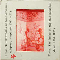 Ancient Greek vase with mythological figures, displayed on a card with historical context.