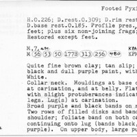Index card with typed and handwritten information, sometimes including a sketch, of pottery from an excavation.