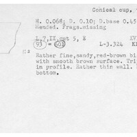 Index card with typed and handwritten information, sometimes including a sketch, of pottery from an excavation.