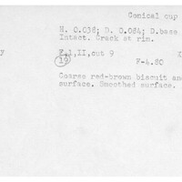 Index card with typed and handwritten information, sometimes including a sketch, of pottery from an excavation.