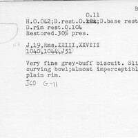 Index card with typed and handwritten information, sometimes including a sketch, of pottery from an excavation.