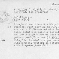 Index card with typed and handwritten information, sometimes including a sketch, of pottery from an excavation.