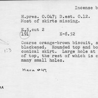Index card with typed and handwritten information, sometimes including a sketch, of pottery from an excavation.