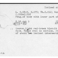 Index card with typed and handwritten information, sometimes including a sketch, of pottery from an excavation.