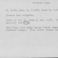 Index card with typed and handwritten information, sometimes including a sketch, of pottery from an excavation.
