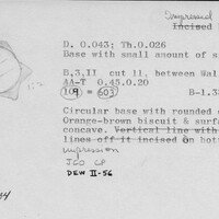 Index card with typed and handwritten information, sometimes including a sketch, of pottery from an excavation.