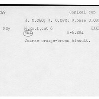 Index card with typed and handwritten information, sometimes including a sketch, of pottery from an excavation.
