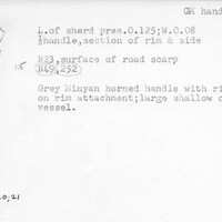 Index card with typed and handwritten information, sometimes including a sketch, of pottery from an excavation.
