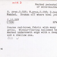Index card with typed and handwritten information, sometimes including a sketch, of pottery from an excavation.