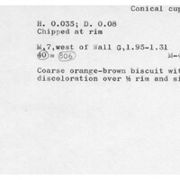 Index card with typed and handwritten information, sometimes including a sketch, of pottery from an excavation.