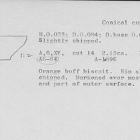 Index card with typed and handwritten information, sometimes including a sketch, of pottery from an excavation.