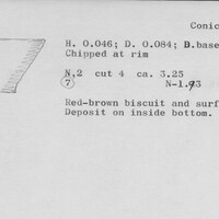 Index card with typed and handwritten information, sometimes including a sketch, of pottery from an excavation.