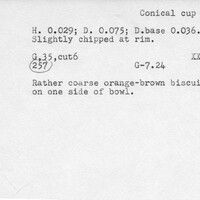 Index card with typed and handwritten information, sometimes including a sketch, of pottery from an excavation.