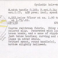 Index card with typed and handwritten information, sometimes including a sketch, of pottery from an excavation.