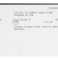 Index card with typed and handwritten information, sometimes including a sketch, of pottery from an excavation.