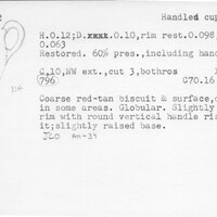 Index card with typed and handwritten information, sometimes including a sketch, of pottery from an excavation.