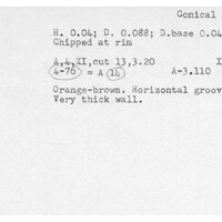 Index card with typed and handwritten information, sometimes including a sketch, of pottery from an excavation.