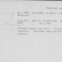Index card with typed and handwritten information, sometimes including a sketch, of pottery from an excavation.
