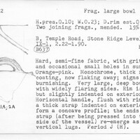 Index card with typed and handwritten information, sometimes including a sketch, of pottery from an excavation.