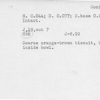 Index card with typed and handwritten information, sometimes including a sketch, of pottery from an excavation.