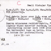 Index card with typed and handwritten information, sometimes including a sketch, of pottery from an excavation.