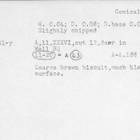 Index card with typed and handwritten information, sometimes including a sketch, of pottery from an excavation.