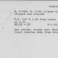 Index card with typed and handwritten information, sometimes including a sketch, of pottery from an excavation.