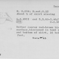 Index card with typed and handwritten information, sometimes including a sketch, of pottery from an excavation.