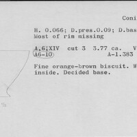 Index card with typed and handwritten information, sometimes including a sketch, of pottery from an excavation.