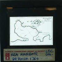 Old map of Kea Harbor with annotations and a label indicating it's from 1764.
