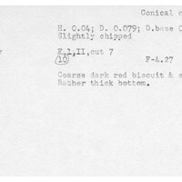 Index card with typed and handwritten information, sometimes including a sketch, of pottery from an excavation.