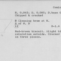 Index card with typed and handwritten information, sometimes including a sketch, of pottery from an excavation.