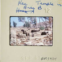 Ancient ruins with stone structures and trees, captured on an old photograph.