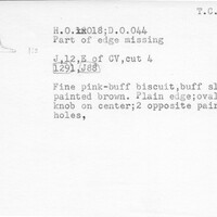 Index card with typed and handwritten information, sometimes including a sketch, of pottery from an excavation.