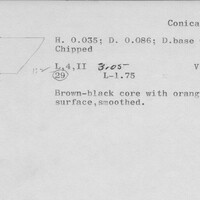 Index card with typed and handwritten information, sometimes including a sketch, of pottery from an excavation.
