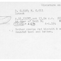 Index card with typed and handwritten information, sometimes including a sketch, of pottery from an excavation.